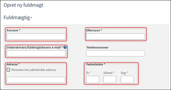 Trin 1: Angiv fuldm&aelig;gtig/fuldmagtstager