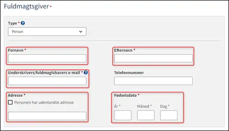 Oprettelse af fuldmagt: Person: Angiv fuldmagtsgiver